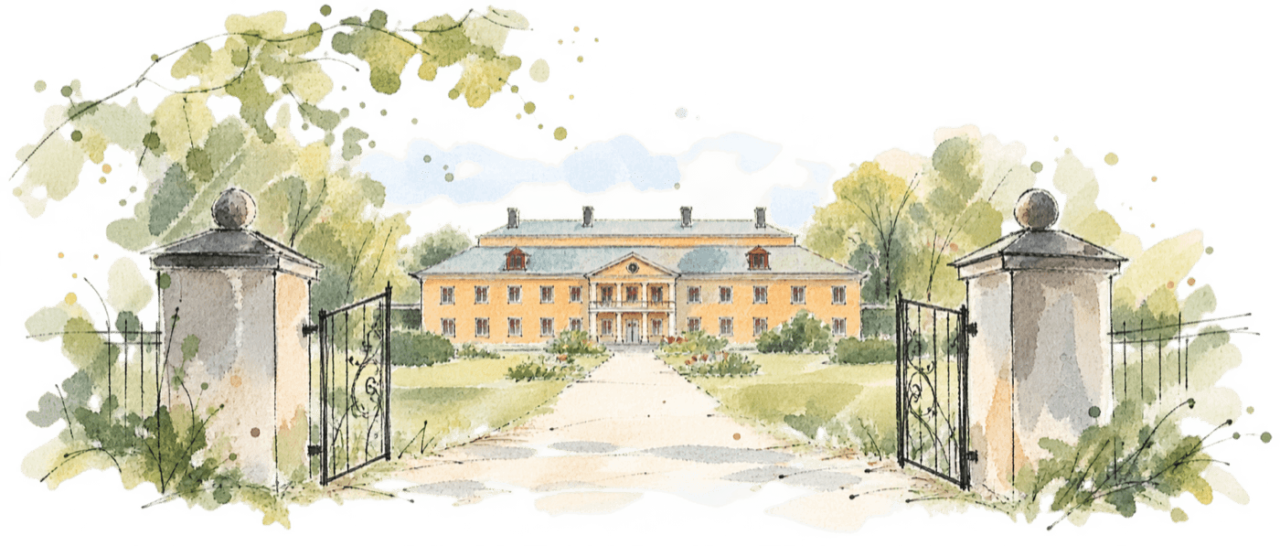 Akvarell av Ekebyhovs slott sett genom grindarna
